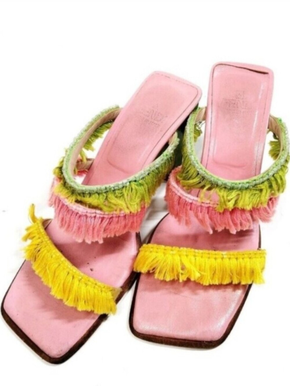 Fendi Pink Slide Mules with Yellow & Green Fringe
